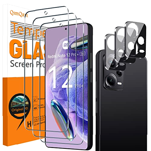 QsmQam 3 Piezas Protector de Pantalla para Xiaomi Redmi Note 12 Pro 5G/Note 12 Pro+ 5G/Note 12 Pro Plus 5G + 3 Piezas Protector de Lente de Cámara,Dureza 9H Cristal Templado,Anti Arañazos,Sin Burbujas