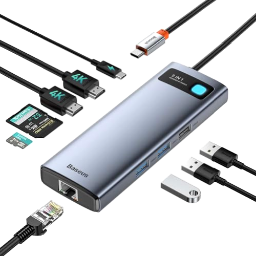 Baseus Docking Station USB C Dual HDMI, 9 en 1 Dual Monitor Adaptador con 2 HDMI 4K, Ethernet RJ45, 3 USB, PD 100W, Lector de Tarjetas SD/TF para MacBook/iPad/DELL/HP/Surface/Lenovo