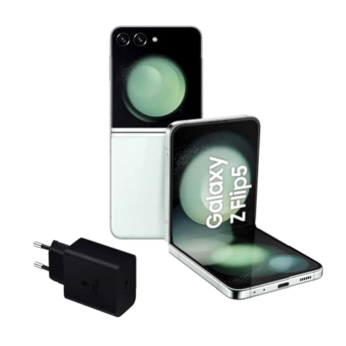 SAMSUNG Galaxy Z Flip5, 256 GB + Cargador 45W - Teléfono Móvil Plegable, Smartphone Android Libre, 8GB de RAM, Diseño Plegable, Verde claro (Versión Española)